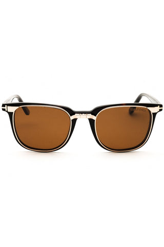 Tom Ford FT5916-B rectangular men's eyeglasses featuring a black acetate frame with gold metal accents and brown lenses.