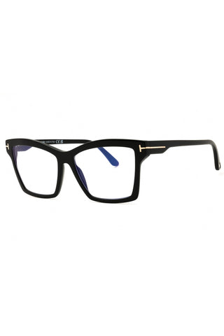 Black Tom Ford FT5964-B cat-eye eyeglasses in premium acetate with signature gold T-logo temple detailing.