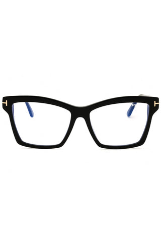 Tom Ford FT5964-B women's black acetate cat-eye eyeglasses with signature gold T-logo temples.