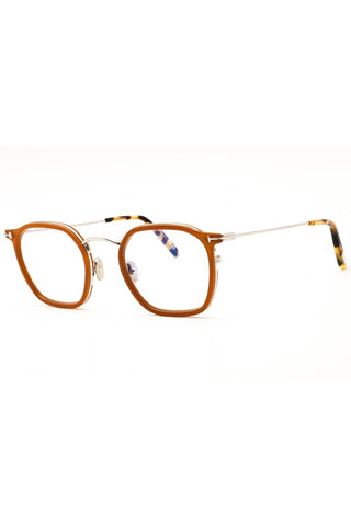 Tom Ford FT5974-B men's round eyeglasses featuring a brown acetate frame with slim silver metal temples and tortoise tips.