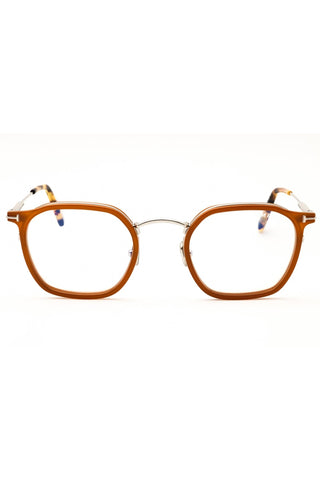 Tom Ford FT5974-B men's round eyeglasses featuring a brown acetate frame with silver metal bridge and temples.
