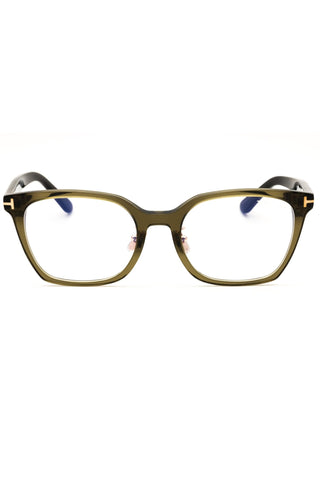 Tom Ford FT6103-D-B women's rectangular eyeglasses in olive green acetate with signature gold T-logo temples.