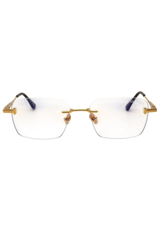 Tom Ford FT6117-B unisex rectangular rimless eyeglasses with gold metal frame and signature T-logo temples.