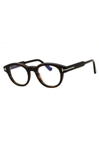 Tom Ford FT6121-B round men's eyeglasses in brown tortoiseshell acetate with signature gold T-logo temples.