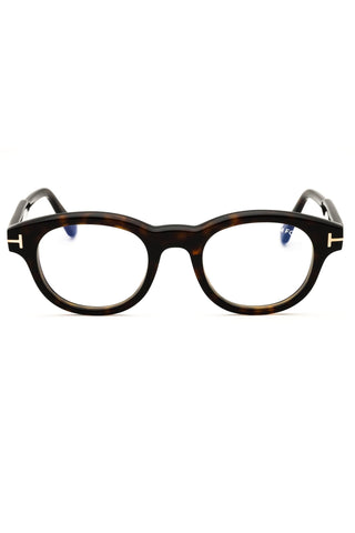 Tom Ford FT6121-B round men's eyeglasses in brown tortoiseshell acetate with signature gold T-logo temple accents.