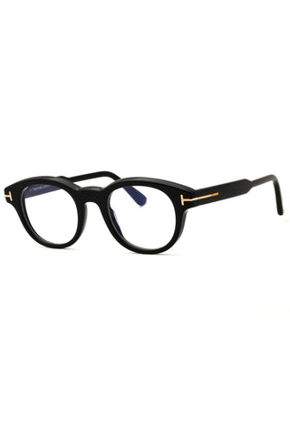 Tom Ford FT6121-B round men's eyeglasses in black acetate with signature gold T-logo temple accents.