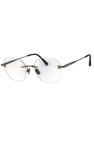 Tom Ford FT6126-B men's round rimless eyeglasses featuring a dark grey metal frame and signature T-logo temples.