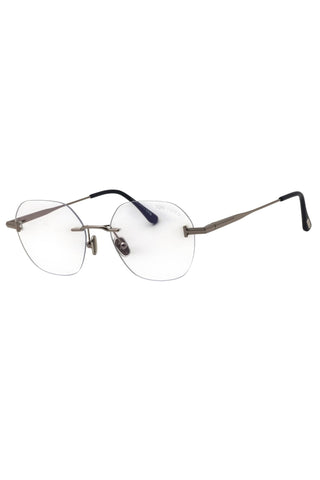 Tom Ford FT6126-B men's rimless round eyeglasses featuring a sleek gunmetal metal frame and black temple tips.