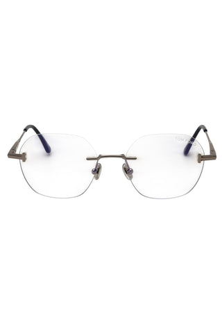 Tom Ford FT6126-B men's round rimless eyeglasses with a sleek gunmetal metal frame and clear lenses.