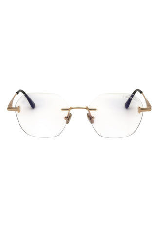 Tom Ford FT6126-B men's rimless round eyeglasses featuring a gold metal frame and black temple tips.