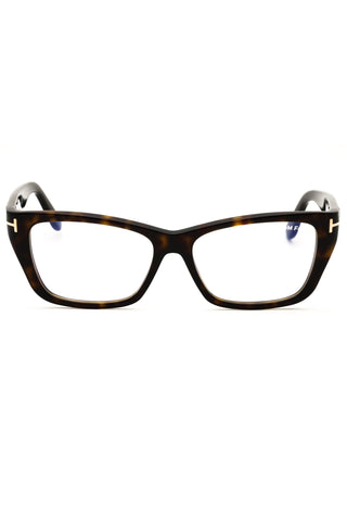 Tom Ford FT6132-B women's rectangular eyeglasses in a polished dark tortoiseshell acetate frame with gold T-logo accents.