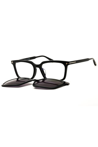 Tom Ford FT6153-D-B black acetate rectangular men's eyeglasses with a detachable magnetic sunglass clip-on.