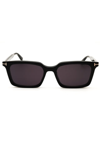 Tom Ford FT6153-D-B men's rectangular black acetate eyeglasses with signature gold T-logo temple accents.