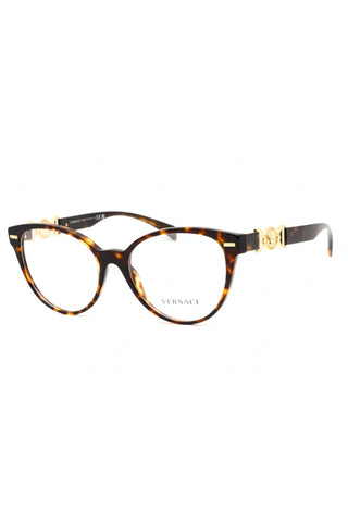 Versace 0VE3334 round women's eyeglasses in tortoise acetate with gold Medusa temple accents.