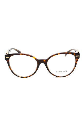 Versace 0VE3334 women's round eyeglasses featuring a tortoiseshell acetate frame with gold-tone temple accents.