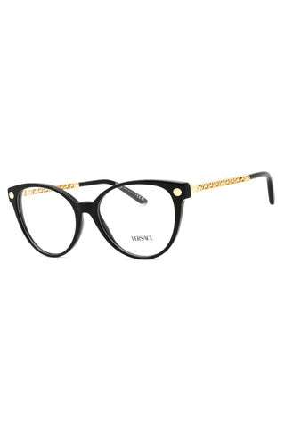 Versace 0VE3353 women's round black acetate eyeglasses with gold chain-link temples.
