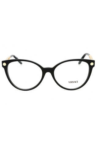 Versace 0VE3353 women's round black acetate eyeglasses with gold-tone temple accents and logo detail.