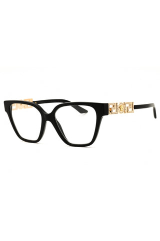 Versace 0VE3358B black rectangular acetate eyeglasses with gold Medusa logo temples.