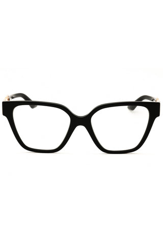 Versace 0VE3358B women's rectangular black acetate eyeglasses with gold temple accents.