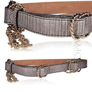 Fendi Ladies Belt Gray TEJUS Leather Gold Metal w/Chains (FFB1505)-AmbrogioShoes