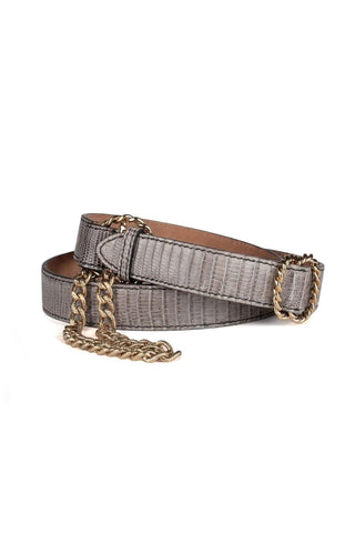 Fendi Women's Belt Gray Teju Lizard Gold Metal w/Chains (FFB1505)
