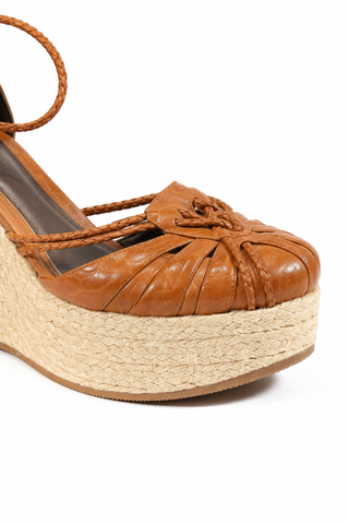 Fendi Women's Designer Shoes Brown Tweed Wedge Leather Sandals (FFW08)