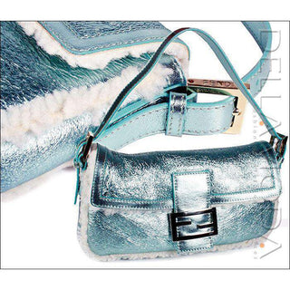 Fendi handbag Metallic Leather and Fur Baguette, Aqua Blue (FF1516)-AmbrogioShoes