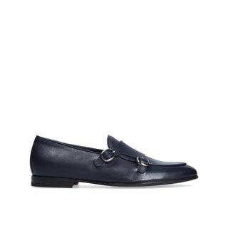 Franceschetti Ravenna Men's Shoes Blue Tumbled Calf-Skin Leather Double Buckle Belgian Loafers (FCCT1002)-AmbrogioShoes