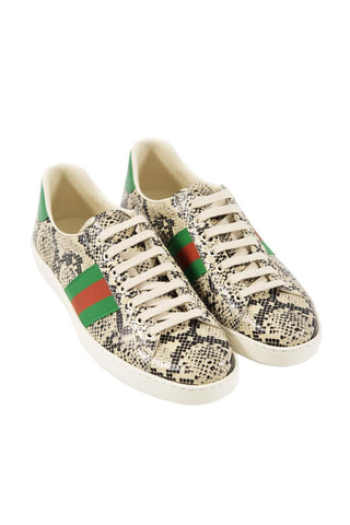 Gucci 386750 19Y30 9771 Natural, Green & Red Python Embossed / Cafl-Skin Leather Casual Sneakers (GGM1724)