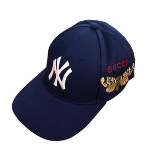 Gucci 538565 Moth Unisex Blue Fabric New York Yankee Apllicated Baseball Hats (GGH1001)-AmbrogioShoes