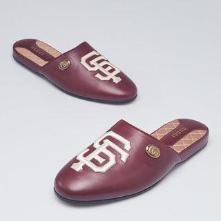 Gucci 540586 Bordeaux Calf-Skin Leather 'SF' Embroidered Slip-On Mules (GGM1728)-AmbrogioShoes