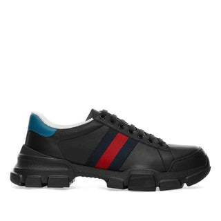 Gucci 624701 Nathane Men's Shoes Black, Red & Blue Calf-Skin Leather Web Casual Sneakers (GGM1729)-AmbrogioShoes