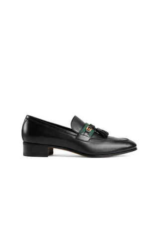 Gucci 624720 1066 Black Leather with Web and Interlocking G Tassels Loafers (GGM1721)