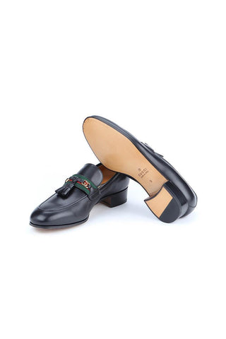 Gucci 624720 1066 Black Leather with Web and Interlocking G Tassels Loafers (GGM1721)