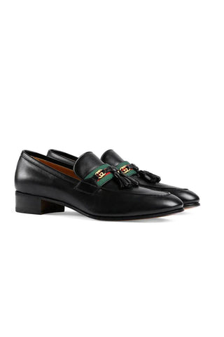 Gucci 624720 1066 Black Leather with Web and Interlocking G Tassels Loafers (GGM1721)