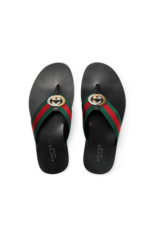 Gucci 630307 H9020 8476 Black, Red & Green Calf-Skin leather / Fabric Sandals (GGM1722)