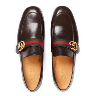 Gucci Donnie Men's Shoes Brown Web Loafers with GG Logo 428609 (GGM1704)-AmbrogioShoes