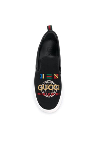 Gucci Dublin Black Worldwide Sewed Cotton / Leather Slip-On Sneakers (GGM1712)