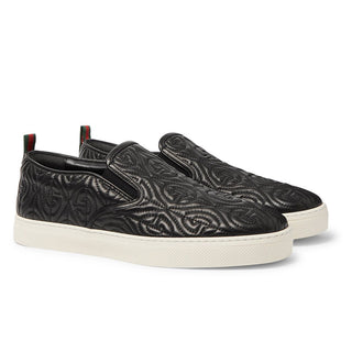 Gucci Dublin Men's Shoes Black Texture Sewed Calf-Skin Leather Slip-On Sneakers (GGM1709)-AmbrogioShoes