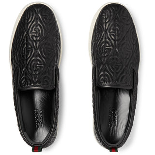 Gucci Dublin Men's Shoes Black Texture Sewed Calf-Skin Leather Slip-On Sneakers (GGM1709)-AmbrogioShoes