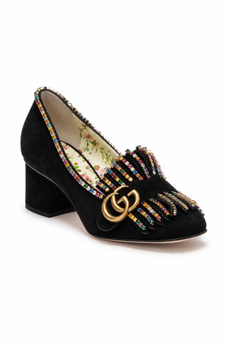 Gucci Embellished 501444 Women's Black Suede Block Heel Pumps (GGW2900)