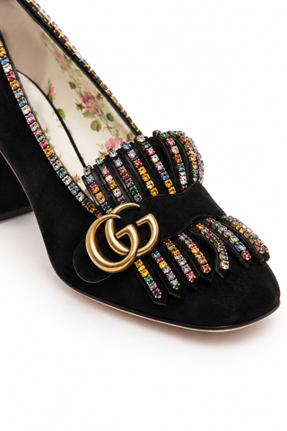 Gucci Embellished 501444 Women's Black Suede Block Heel Pumps (GGW2900)