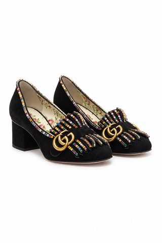 Gucci Embellished 501444 Women's Black Suede Block Heel Pumps (GGW2900)