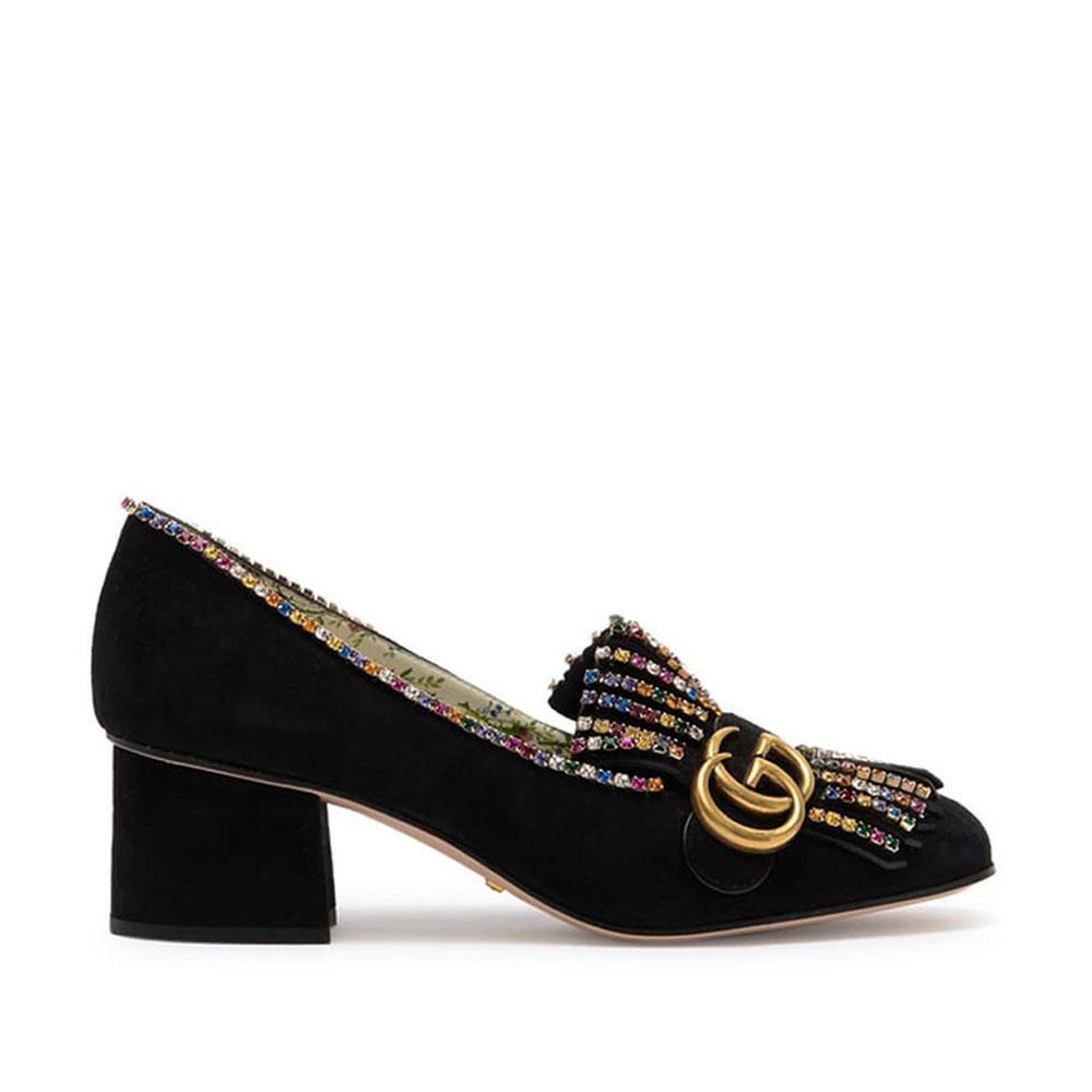 Gucci Embellished 501444 Women's Black Suede Leather Block Heel