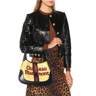 Gucci Jackie O 550152-213317 Womens Yellow & Navy Canvas Coated / Calf-Skin Leather Handbag (GG2050)-AmbrogioShoes