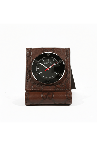 Gucci Limited Edition Brown Stainless Steel / Leather Travel Desk Alarm Clock/Watch (GGC1)