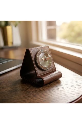 Gucci Limited Edition Brown Stainless Steel / Leather Travel Desk Alarm Clock/Watch (GGC1)