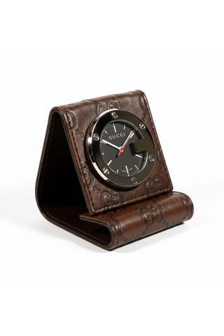 Gucci Limited Edition Brown Stainless Steel / Leather Travel Desk Alarm Clock/Watch (GGC1)