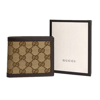 Gucci 260987 525040 Men's Beige & Brown Canvas / Leather Bi-Fold Wallets (GGMW2022)-AmbrogioShoes