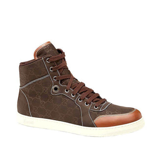 Gucci Mens Designer Shoes Brown Nylon Guccissima High-Top Sneakers (GGM3502)-AmbrogioShoes